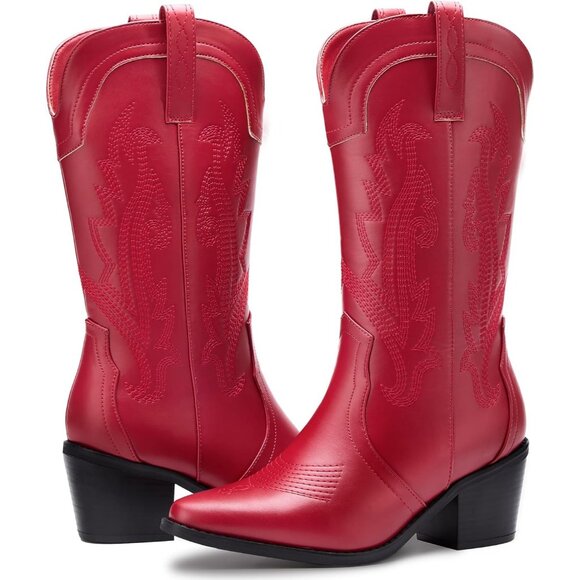 Women's Red Embroidered Pointed Toe Mid Calf Chunky Block Western Heel Boots - Picture 4 of 7